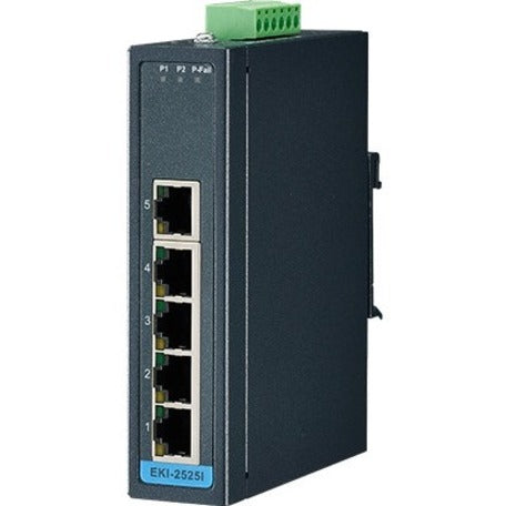 Front view of Advantech EKI-2525I-BE industrial ethernet switch showing 5 ethernet ports and power terminal-alternate-image1