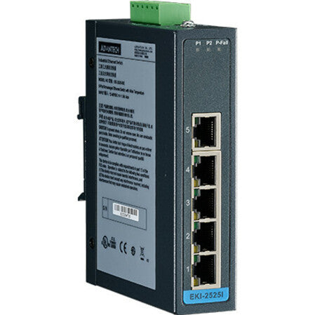 Side view of EKI-2525I-BE switch showing product specifications and certification markings-alternate-image2