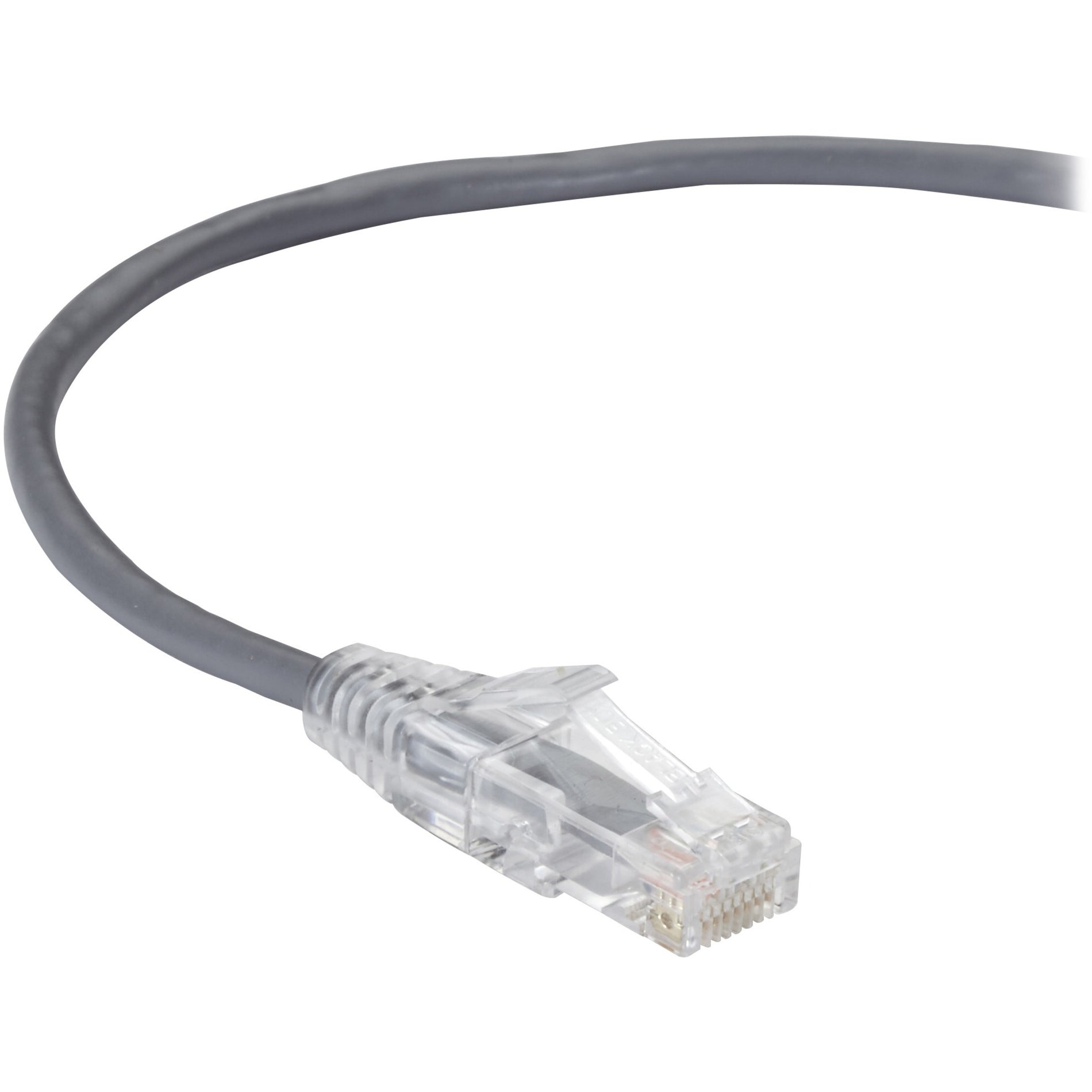 Close-up view of Black Box Slim-Net Cat6a cable showing transparent RJ-45 connector and gray cable jacket-alternate-image1