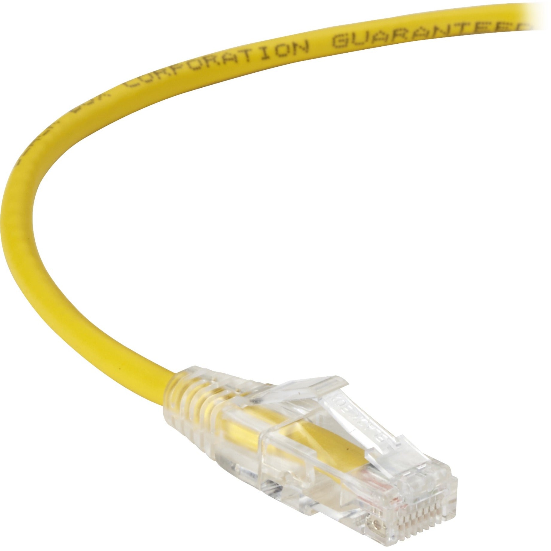 Close-up view of yellow Cat6a slim network cable with transparent RJ-45 connector showing gold-plated contacts-alternate-image1