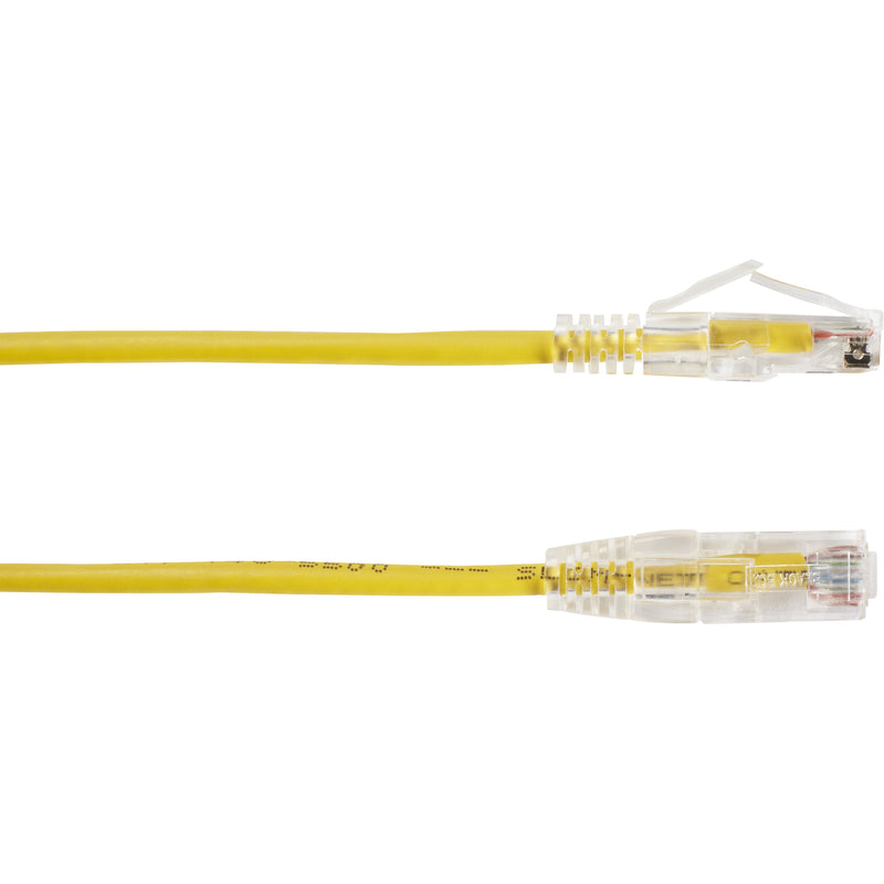 Side view of yellow Cat6a network cable showing both RJ-45 connector ends with strain relief