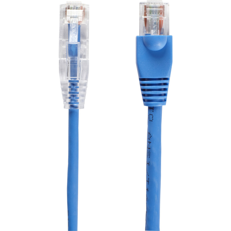 Detailed comparison of Black Box Slim-Net Cat6a cable connectors showing transparent and blue boot designs