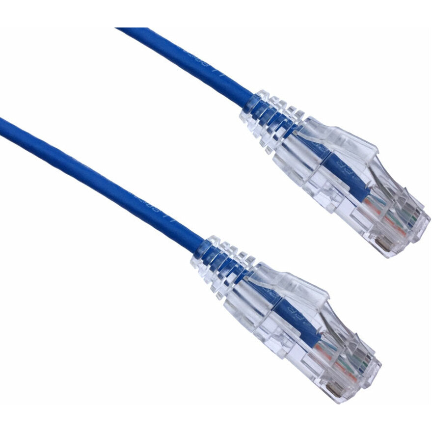 Blue Axiom CAT6A BENDnFLEX network cable with clear snagless RJ-45 connectors showing ultra-thin profile design-alternate-image1