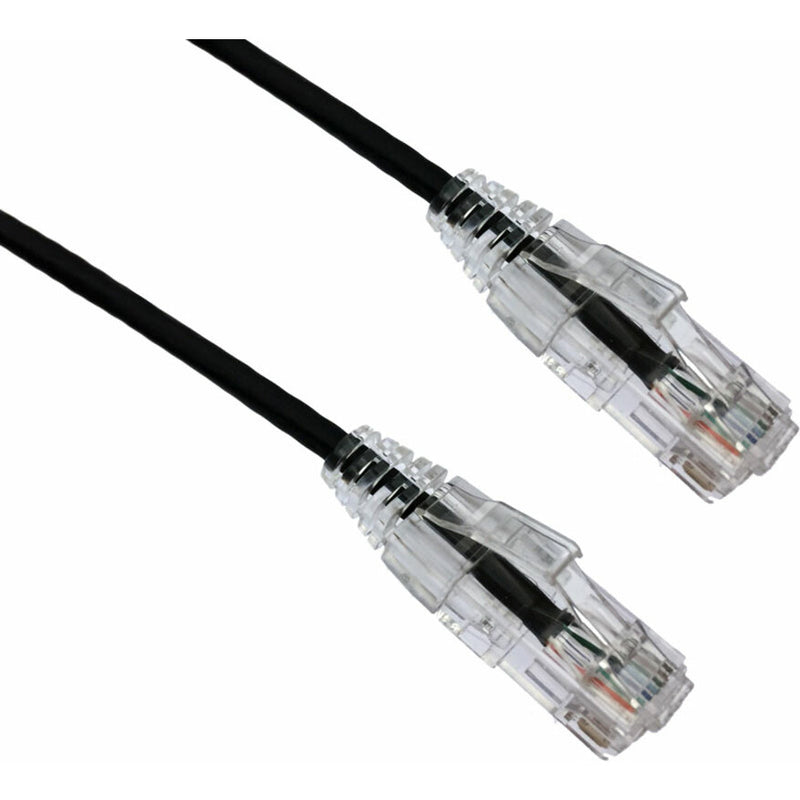 Axiom BENDnFLEX CAT6A black network cable with clear snagless connectors showing ultra-thin cable design