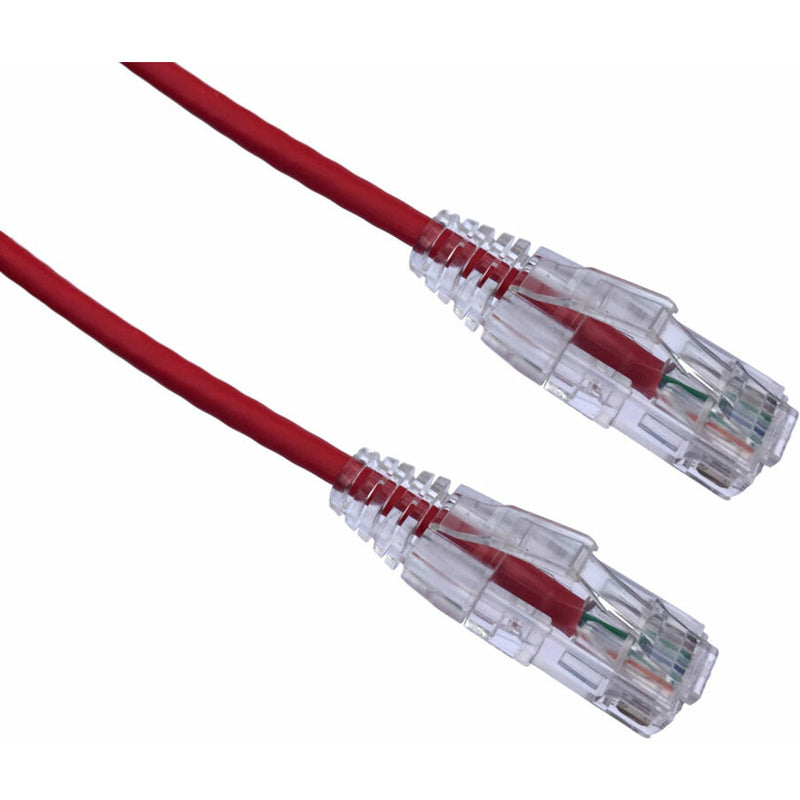 Red CAT6A ethernet cable with transparent snagless RJ-45 connectors showing gold contacts