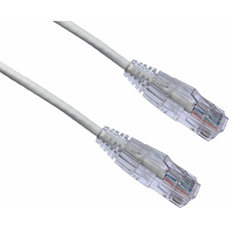 White Axiom CAT6A cable with transparent snagless RJ-45 connectors showing internal gold-plated contacts