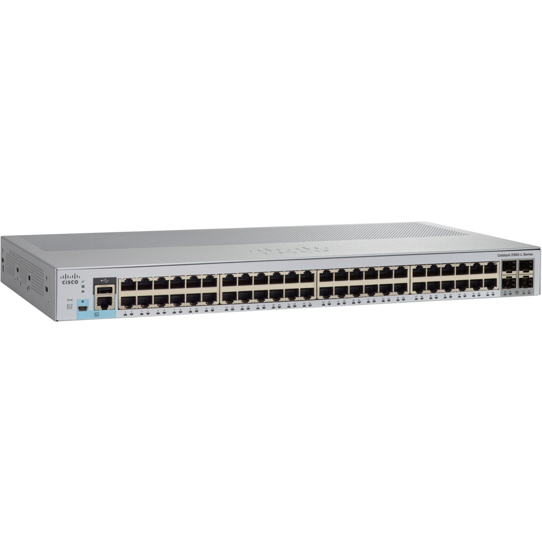 Cisco Catalyst 2960L-48TQ-LL switch front view showing 48 Gigabit Ethernet ports and 4 SFP+ uplink ports in a silver chassis-alternate-image1