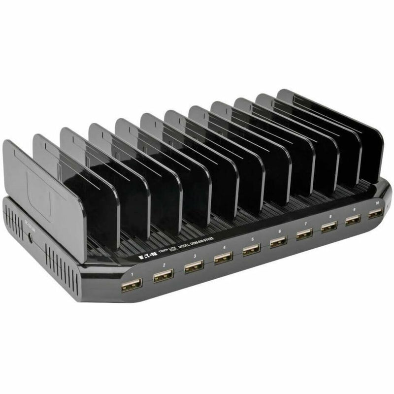 Top view of 10-port USB charging station with device organization slots