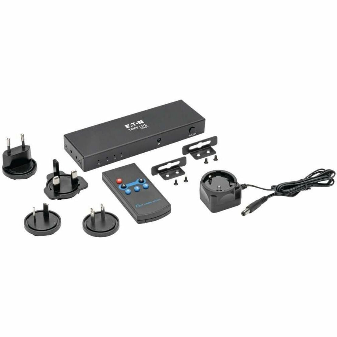 Complete package contents including HDMI switch, remote control, power adapters, and mounting hardware-alternate-image4