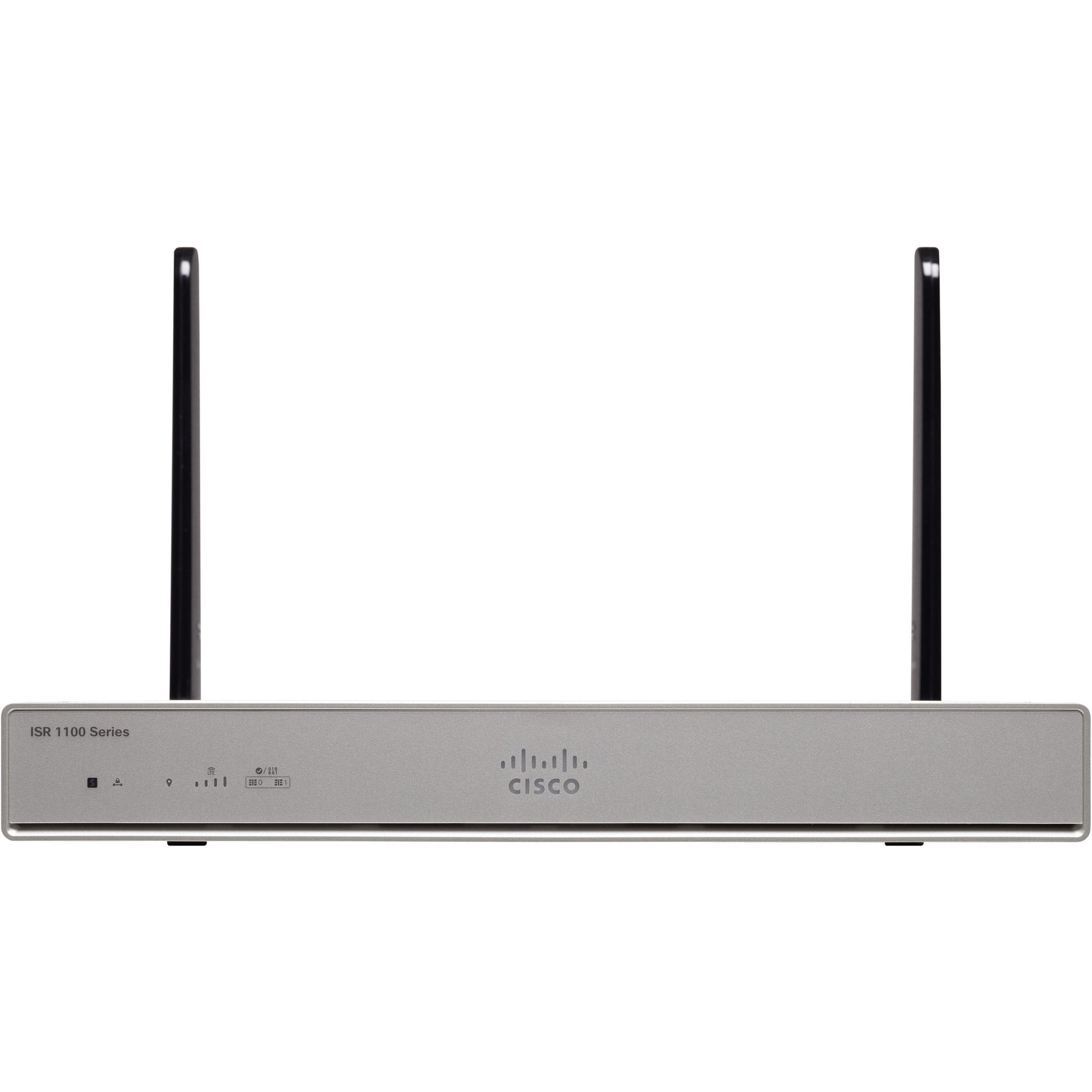 Front view of Cisco C1111-8P router showing dual antennas and LED status indicators-alternate-image1