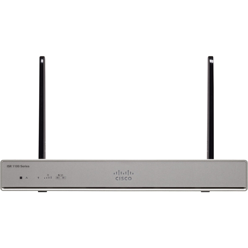 Front view of Cisco C1111-8P router showing dual antennas and LED status indicators