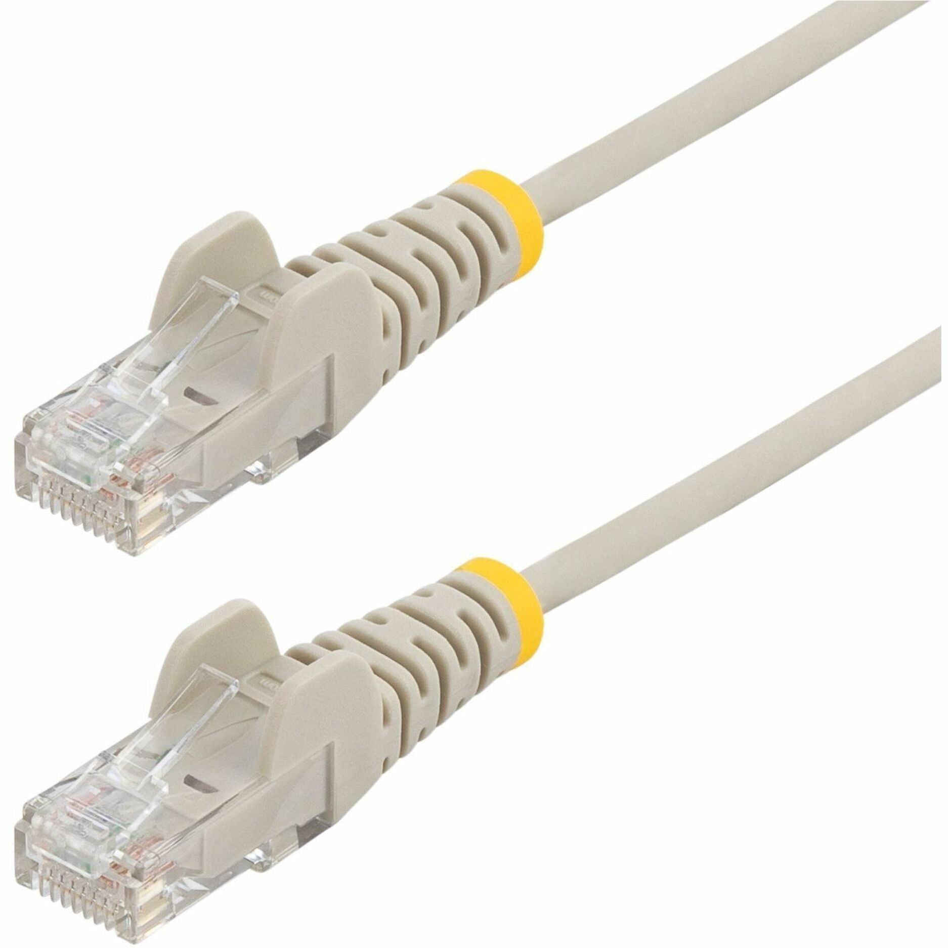 Close-up view of gold-plated RJ45 connectors on gray Cat6 network cable with snagless boots-alternate-image1