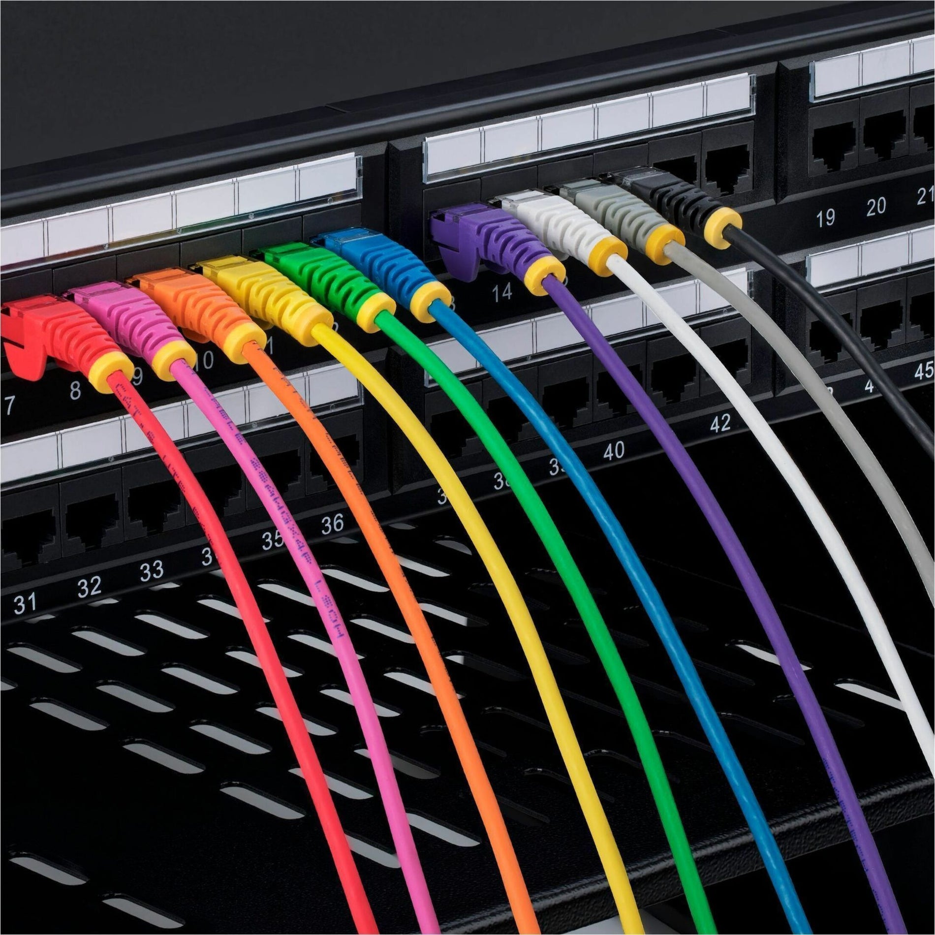 Network patch panel showing multiple colored Cat6 cables installed-alternate-image5