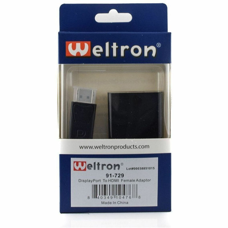 Weltron DisplayPort to HDMI adapter in blue retail packaging with product details and barcode