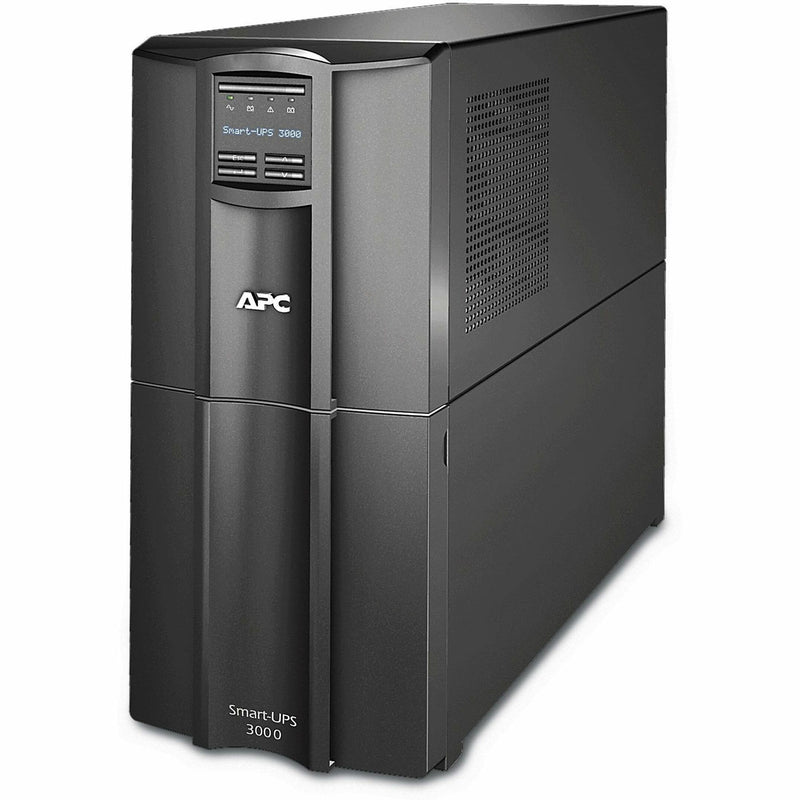 Front view of APC Smart-UPS 3000VA LCD tower UPS system showing LCD display panel and ventilation design