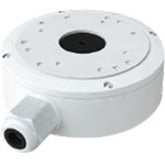 White circular junction mounting box with side cable entry point for surveillance camera installation