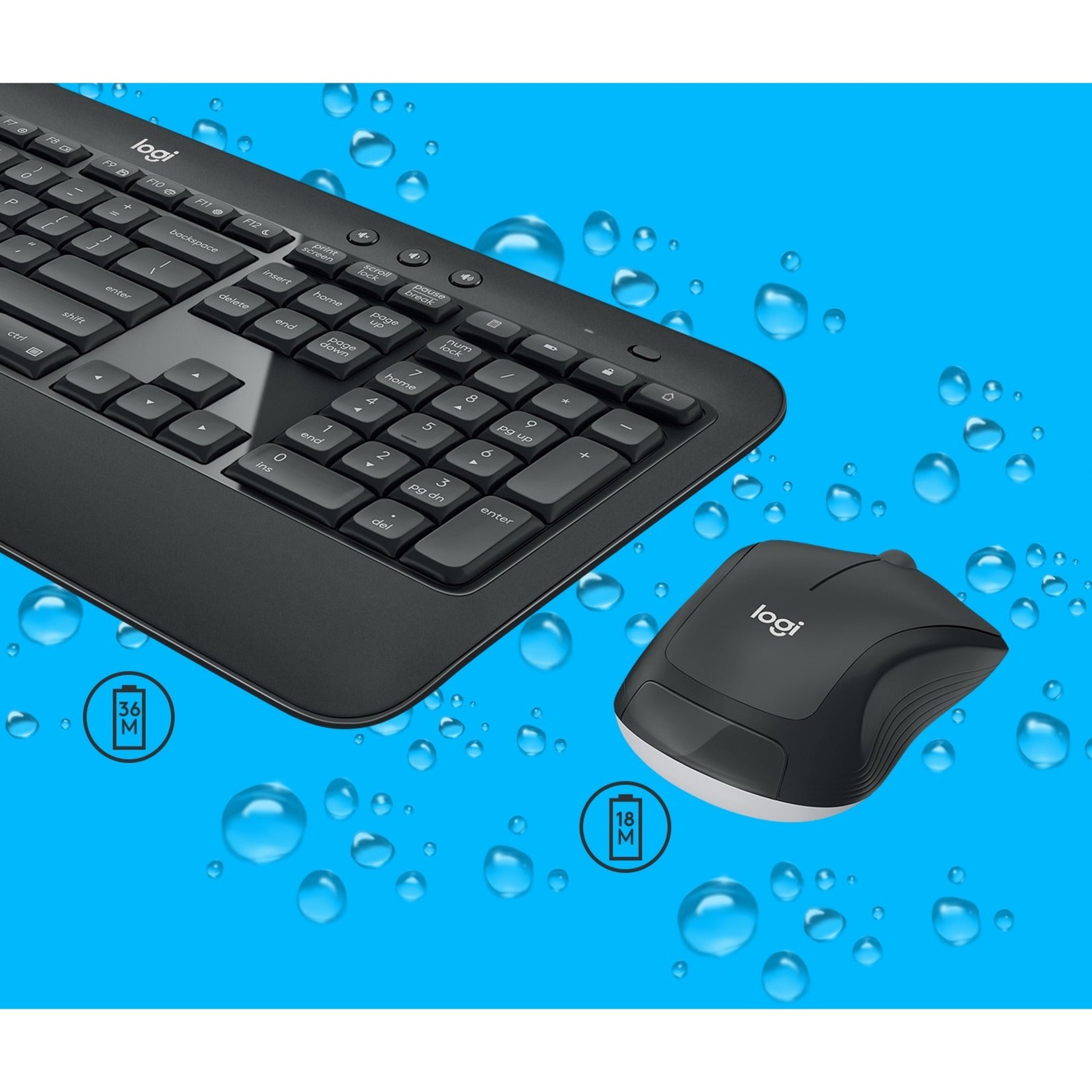 Logitech MK540 keyboard and mouse with water droplets showing spill resistance-alternate-image7