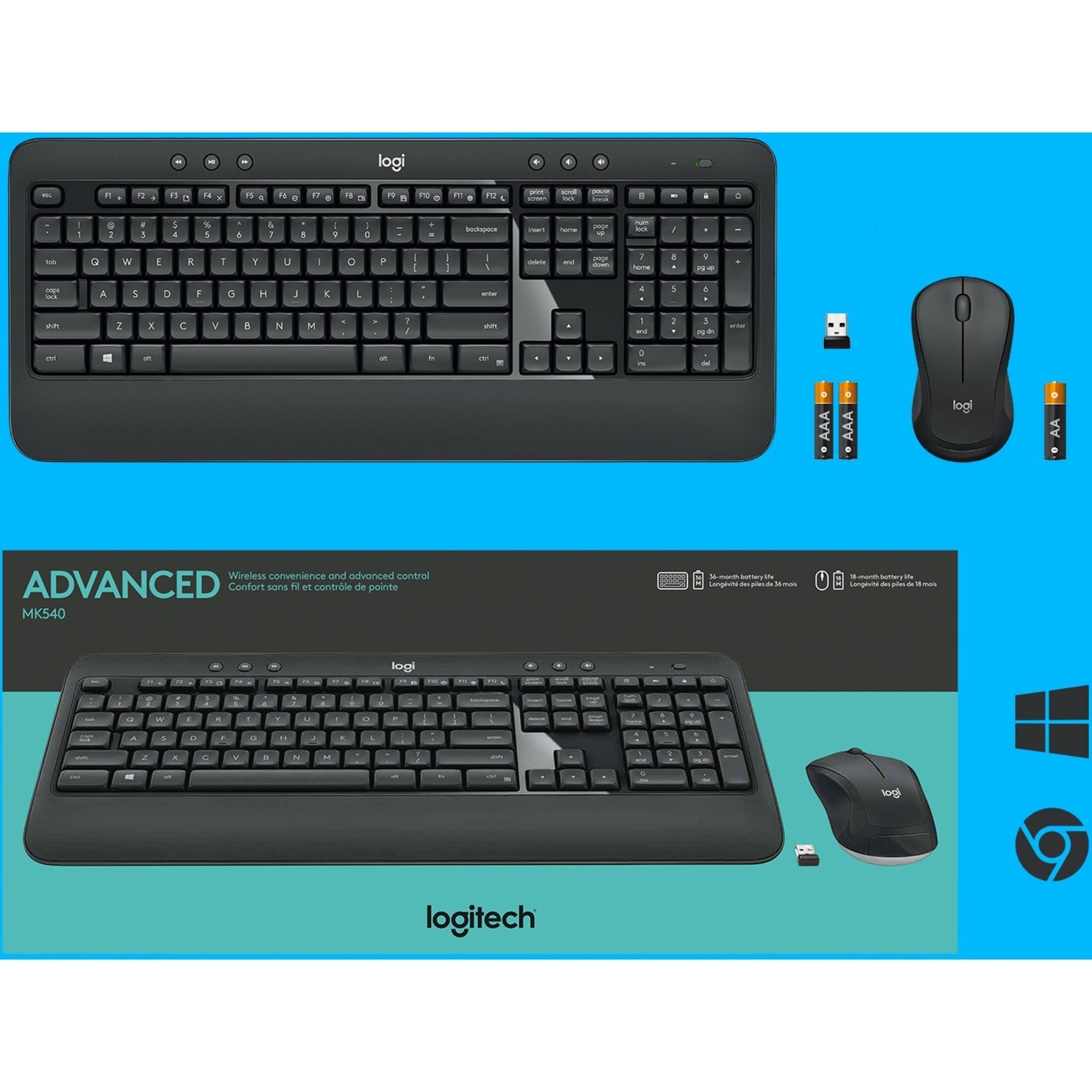 Complete package contents of Logitech MK540 including keyboard, mouse, receiver, and batteries-alternate-image11