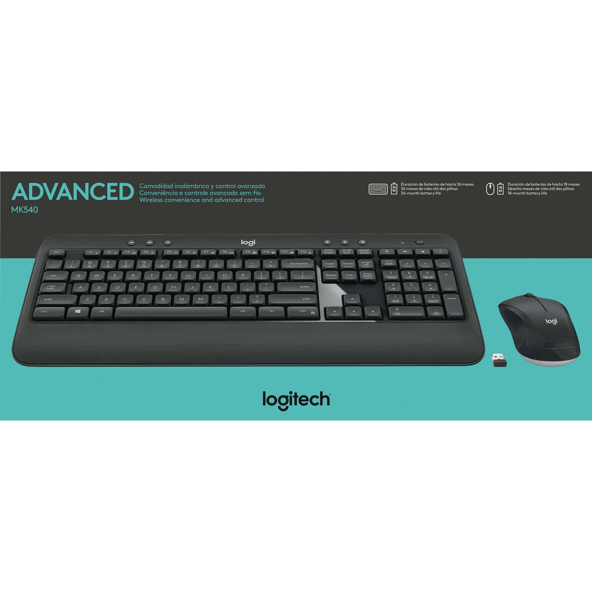 Product packaging of Logitech MK540 showing features and branding-alternate-image4