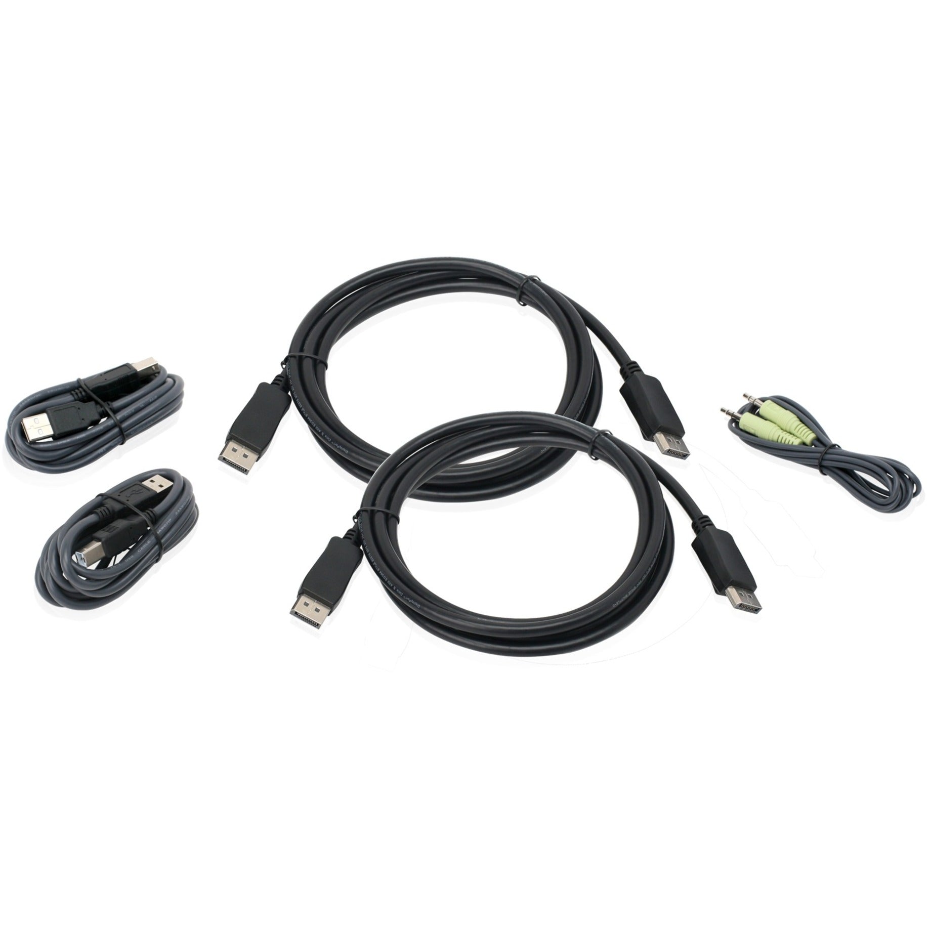 IOGEAR Dual View DisplayPort KVM Cable Set showing two DisplayPort cables, two USB cables, and one audio cable arranged horizontally-alternate-image1