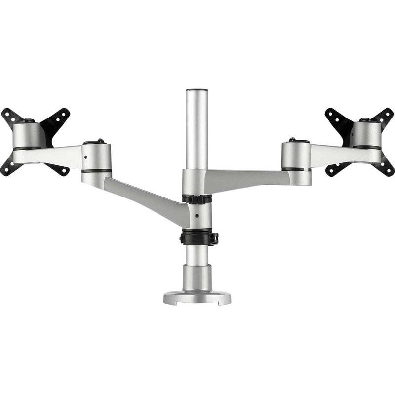 ViewSonic LCD-DMA-001 dual monitor mount featuring symmetrical arms and central column in silver finish