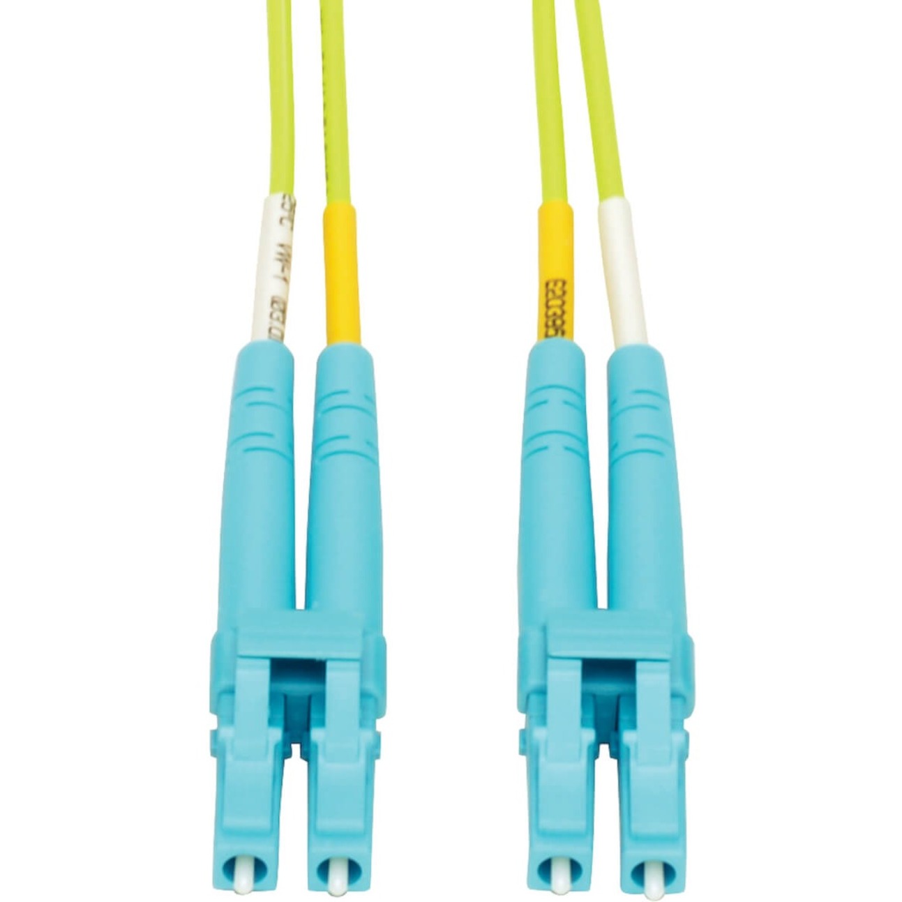 Close-up view of aqua LC duplex connectors on OM5 fiber optic cable showing detailed connector design-alternate-image1