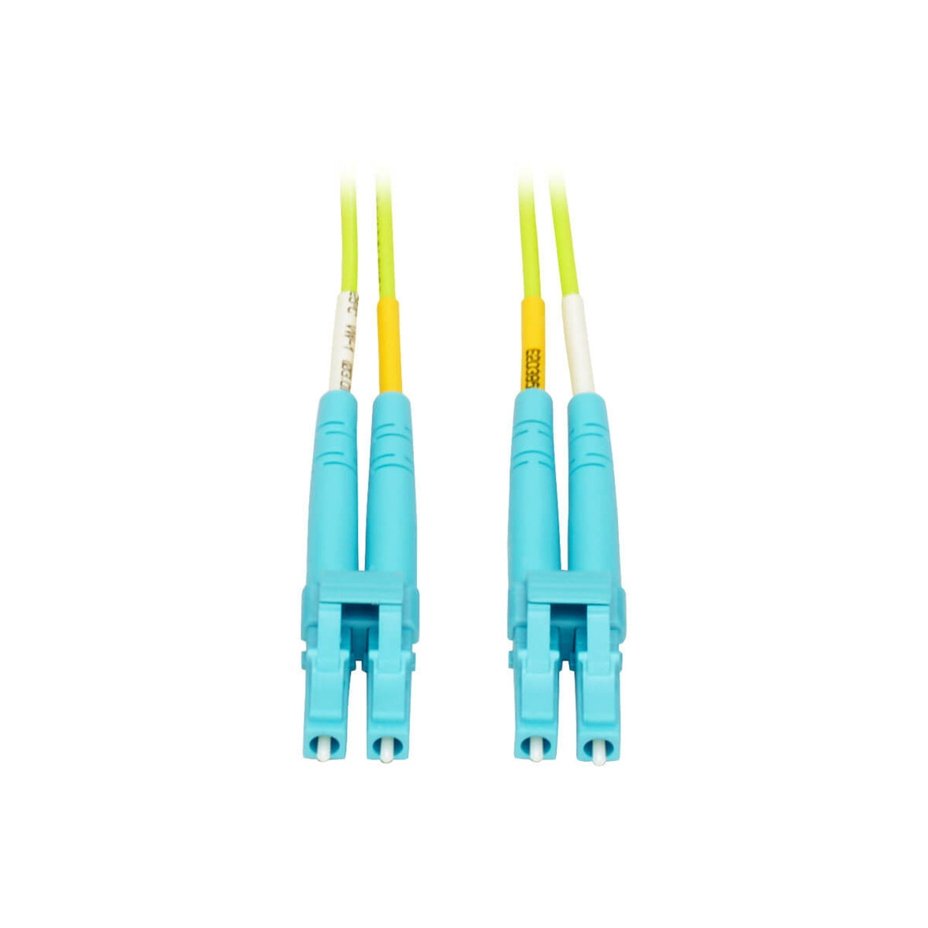 Close-up view of turquoise LC connectors on lime green OM5 fiber optic cable showing duplex configuration-alternate-image1