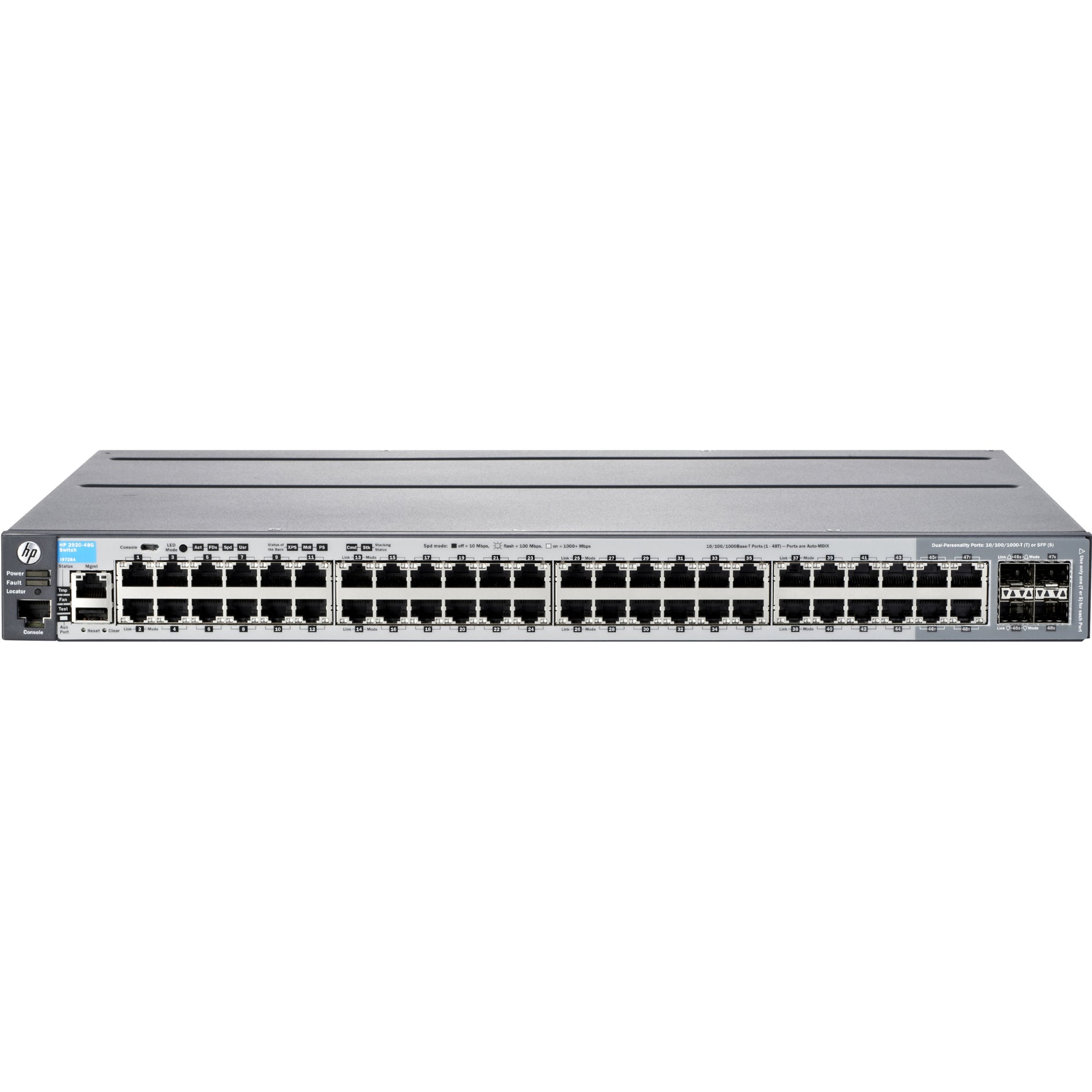 Front view of HPE 2920-48G network switch showing 48 Gigabit Ethernet ports, LED indicators, and management interfaces-alternate-image1