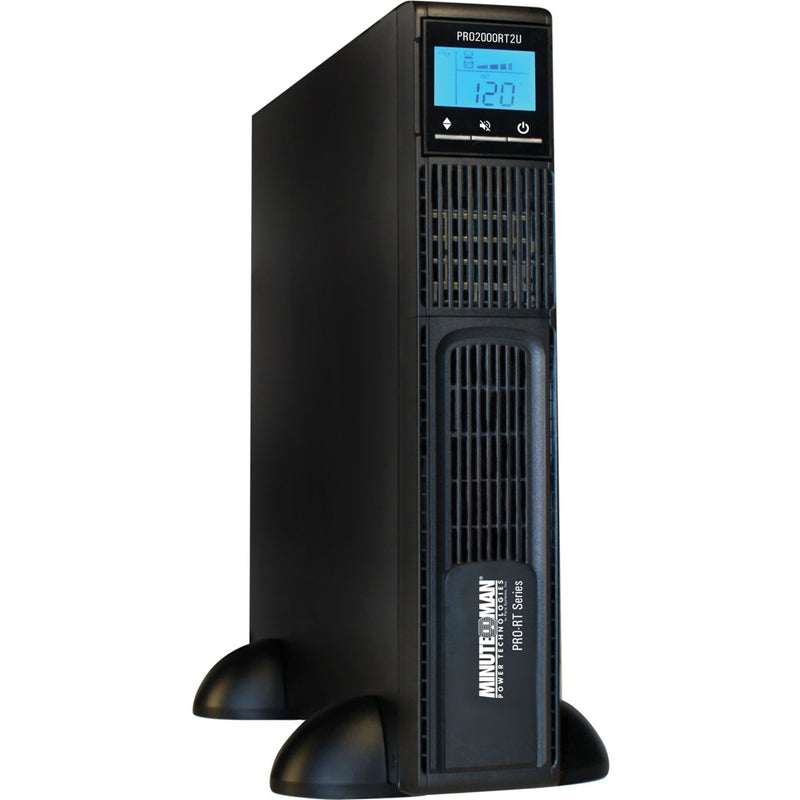 Minuteman PRO2000RT2U UPS in tower orientation with LCD display and ventilation system visible