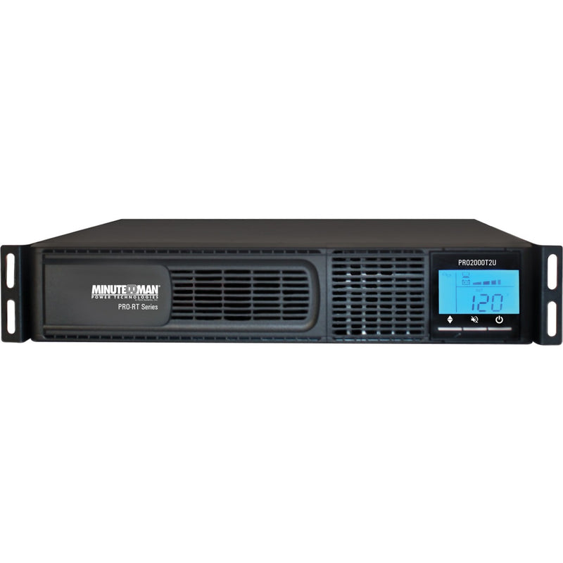 Front view of Minuteman PRO2000RT2U rack-mount UPS showing LCD display and ventilation system