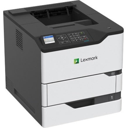 Angular view of Lexmark MS821dn printer showing compact design and professional finish