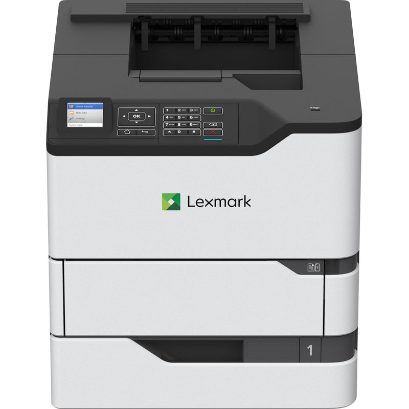 Front view of Lexmark MS821dn laser printer showing control panel with LCD display and numeric keypad