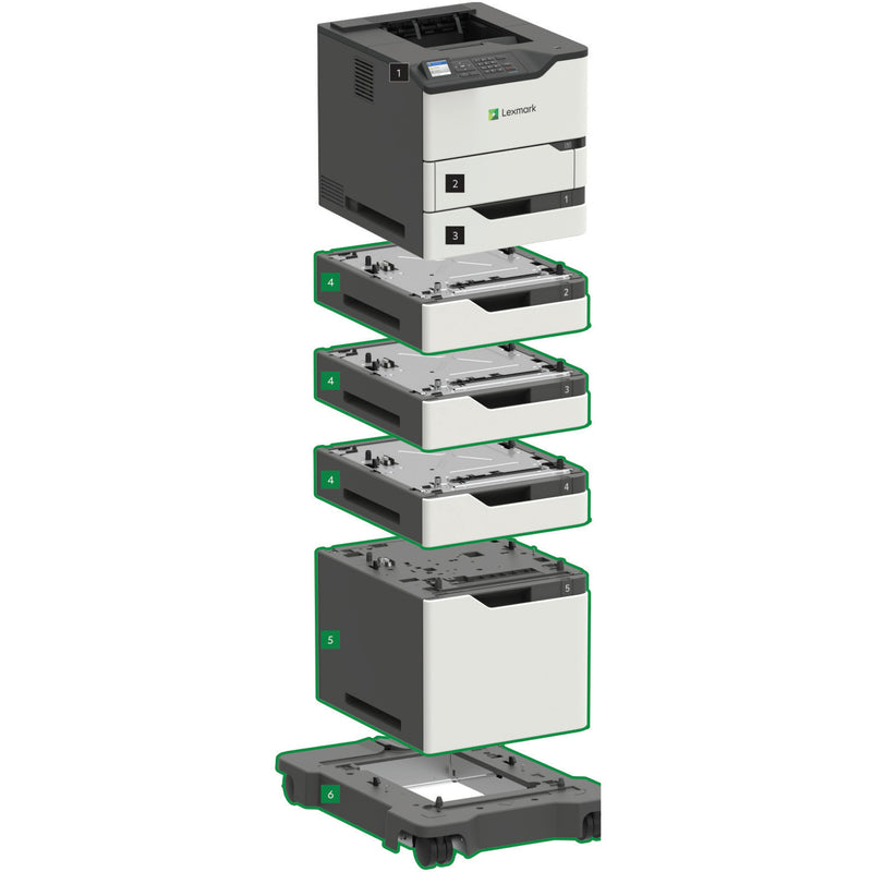 Exploded view of Lexmark MS821dn printer showing expandable paper tray system and modular design