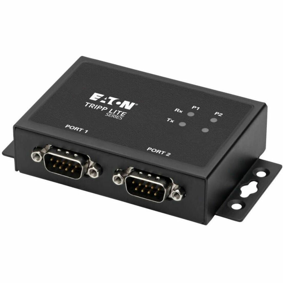 Front view of Tripp Lite U208-002-IND showing dual DB9 serial ports and LED indicators-alternate-image1