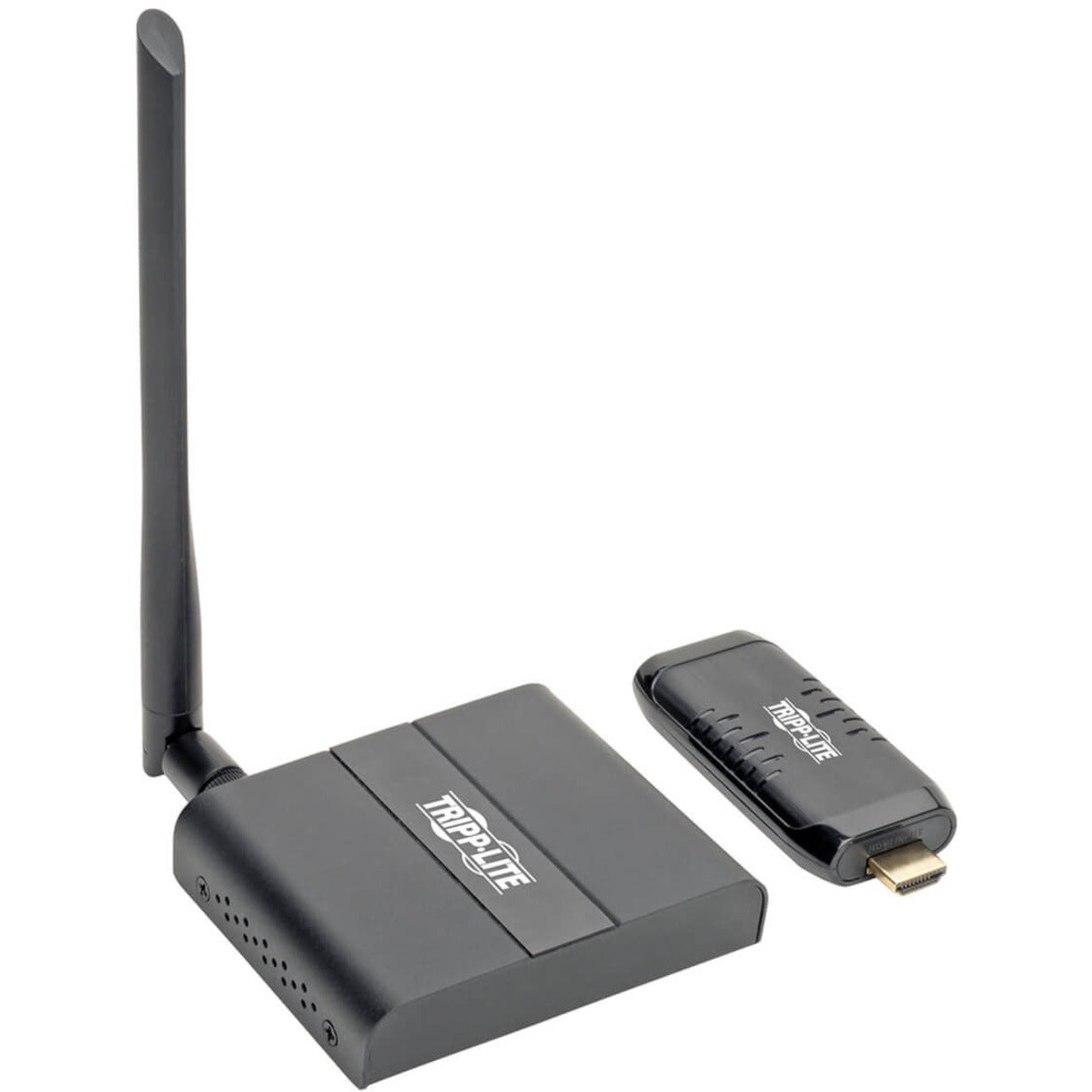 Tripp Lite wireless HDMI extender system showing transmitter unit with antenna and compact receiver unit-alternate-image1