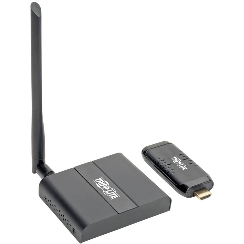 Tripp Lite wireless HDMI extender system showing transmitter unit with antenna and compact receiver unit