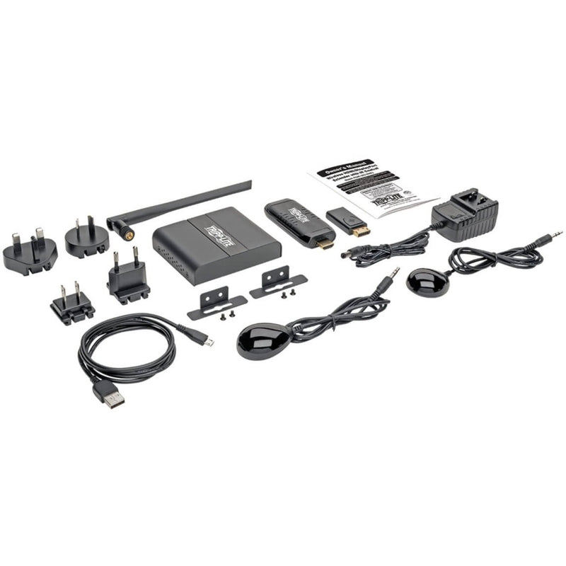 Complete contents of Tripp Lite wireless HDMI extender kit including accessories and mounting hardware