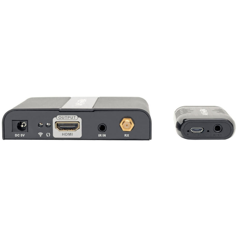 Close-up view of HDMI extender receiver unit ports including HDMI output, IR input, and power connection