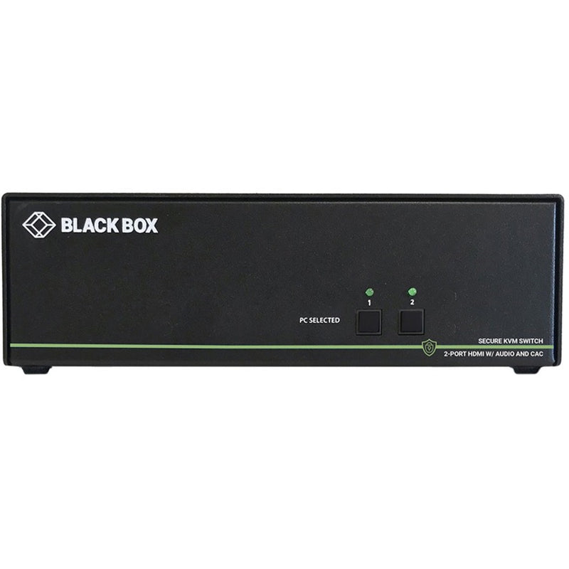 Front view of Black Box 2-port secure KVM switch showing selection buttons with LED indicators and HDMI connectivity