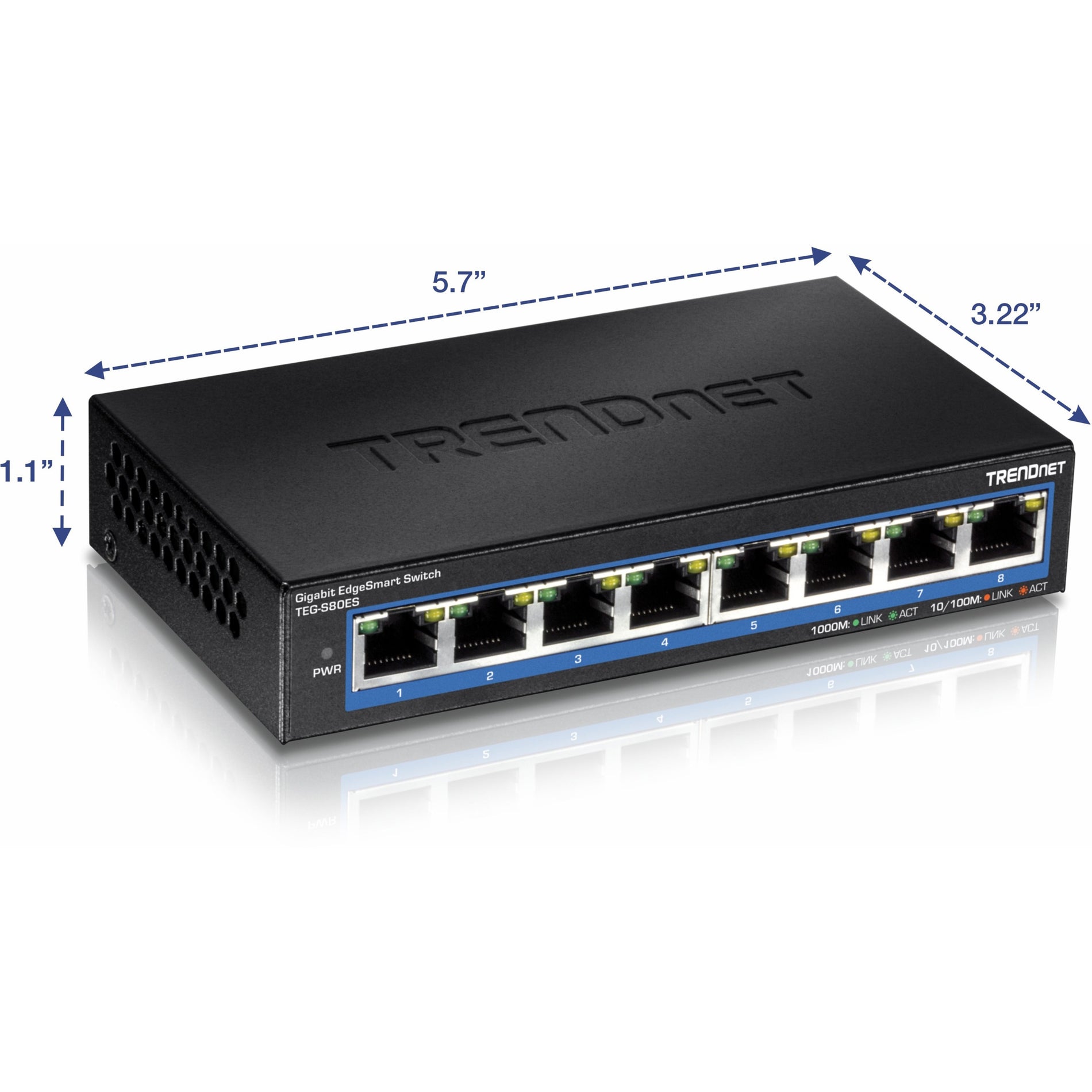 TRENDnet 8-Port Gigabit EdgeSmart Switch, 8 x Gigabit Ports, 16Gbps Switch Capacity, Ethernet Network Desktop Switch, Managed Gigabit Switch, Metal, Fanless, Lifetime Protection, Black, TEG-S80ES