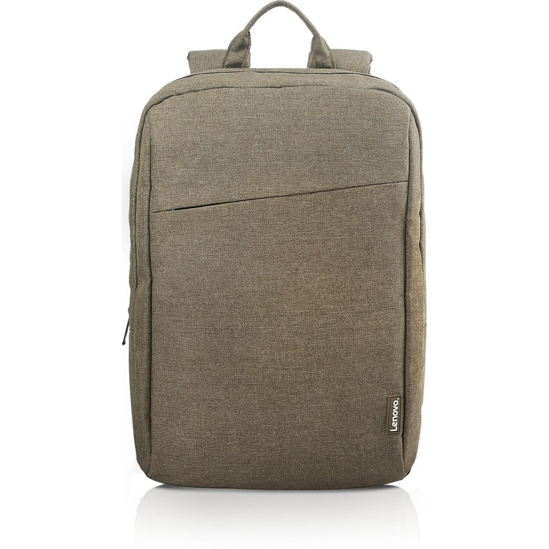 Front view of Lenovo B210 laptop backpack in green showing minimalist design with diagonal accent line-alternate-image1