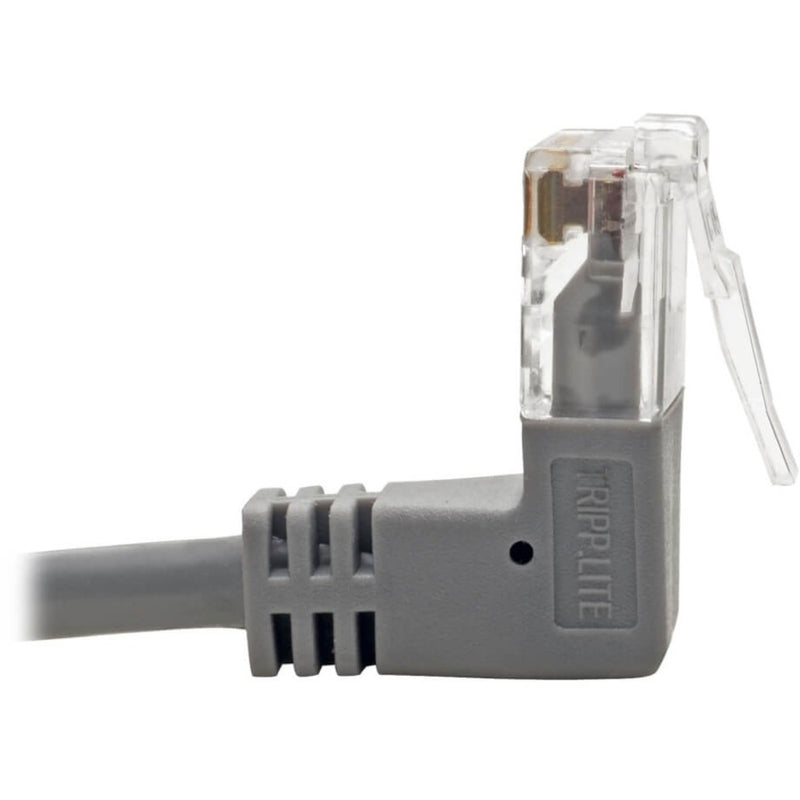 Side profile of right-angle RJ45 connector showing strain relief design