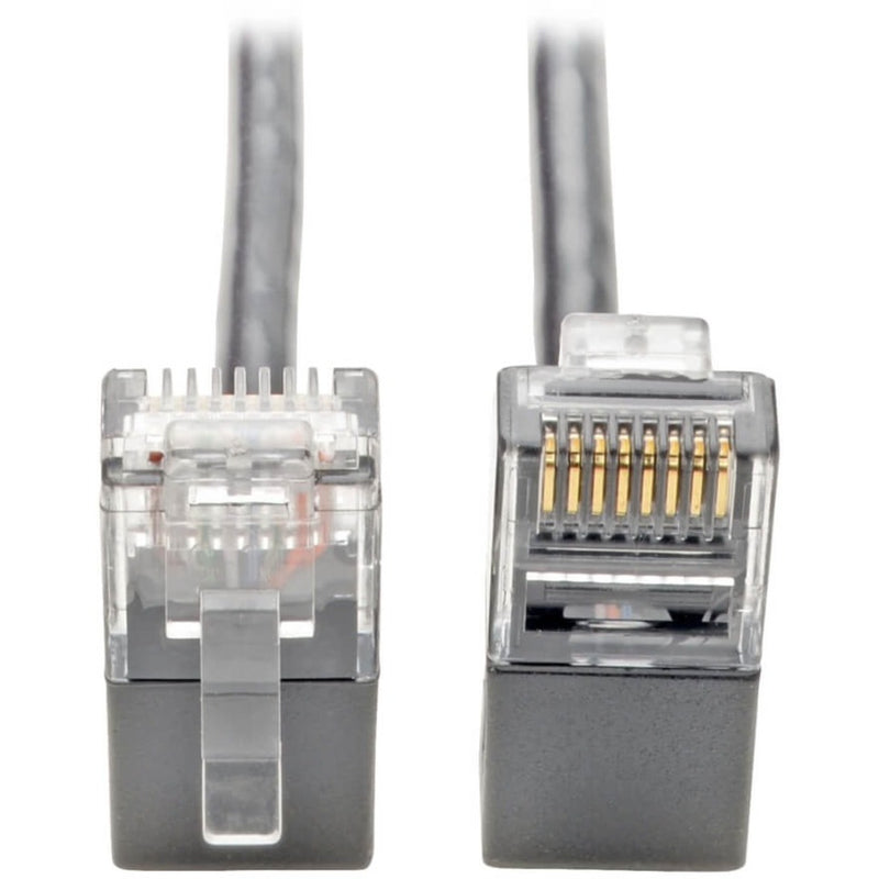 Close-up view of Cat6 cable RJ45 connectors showing gold-plated pins and transparent housing