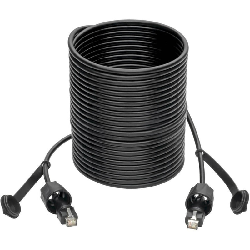 Full length view of industrial Cat5e/Cat6 network cable with protected ends