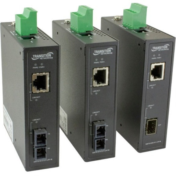 Three Transition Networks industrial media converters with green power terminals, RJ-45 ports, and fiber optic connections mounted side by side-alternate-image1