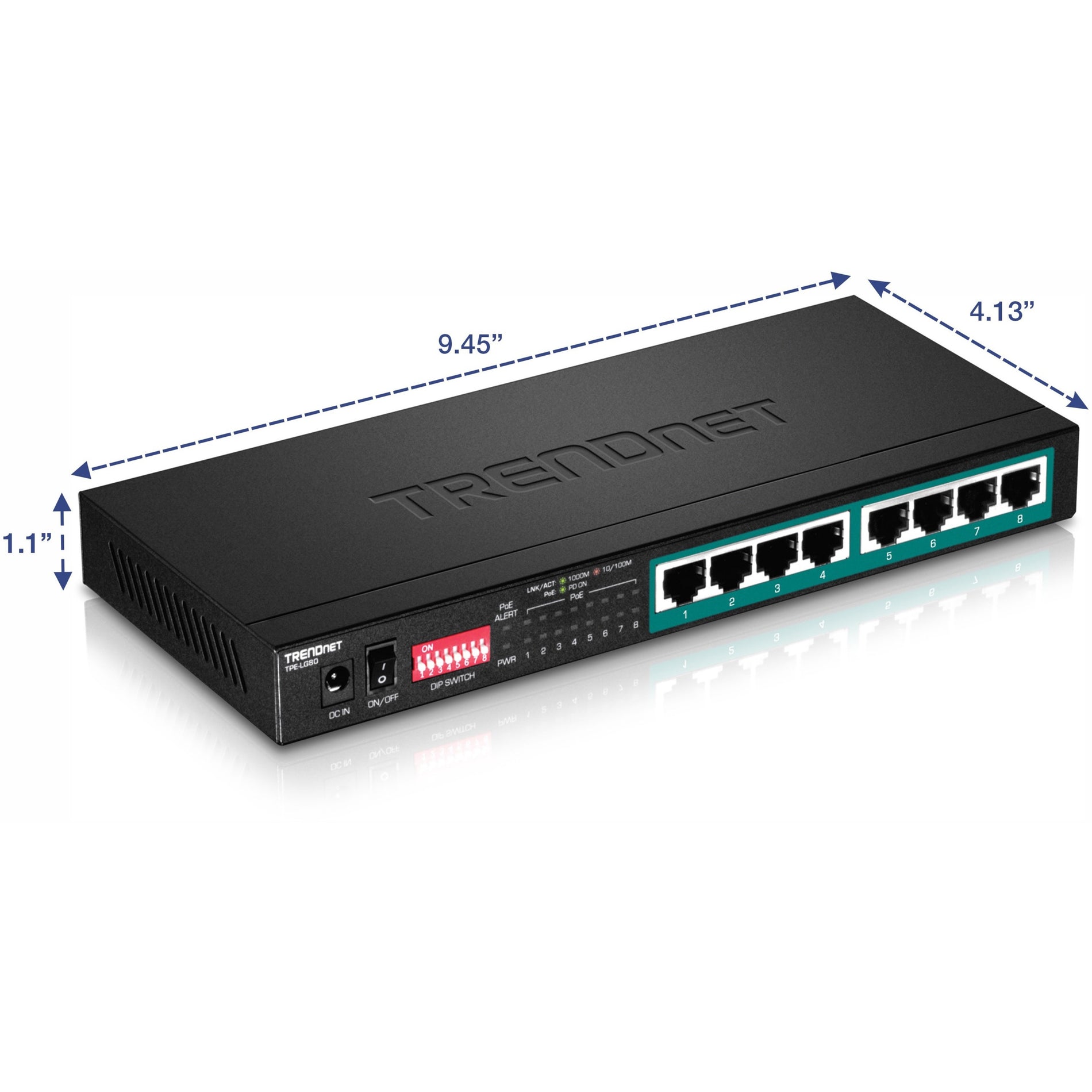 TRENDnet 8-Port Gigabit Long Range Poe+ Switch; TPE-LG80;65W Poe Budget; Ethernet/Network Switch; Long-Range Poe+ Extends Range Up to 200M (656 ft.); 16 Gbps Switching Capacity; Lifetime Protection