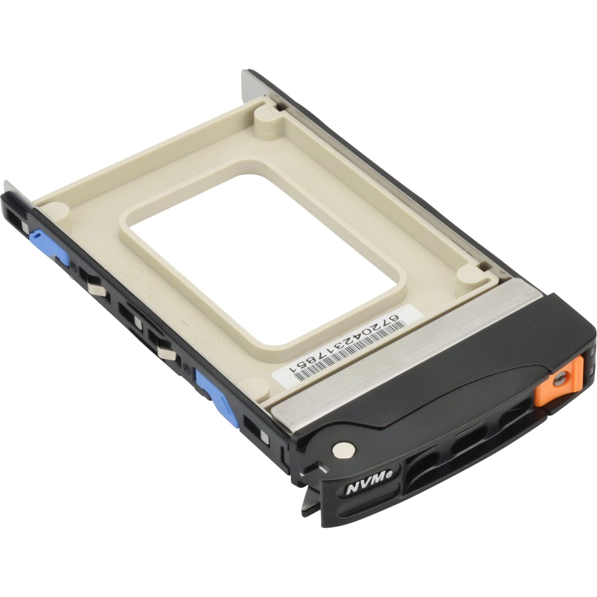 Supermicro 2.5-inch NVMe drive tray featuring tool-less design with cream interior and black exterior, showing blue release mechanism and orange handle-alternate-image1