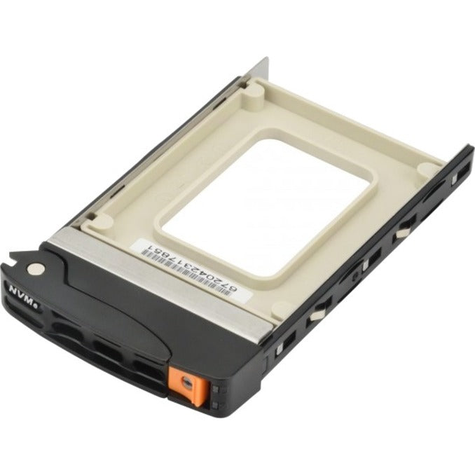 Angled view of Supermicro NVMe drive tray showing ergonomic design with orange release handle and secure mounting system-alternate-image2