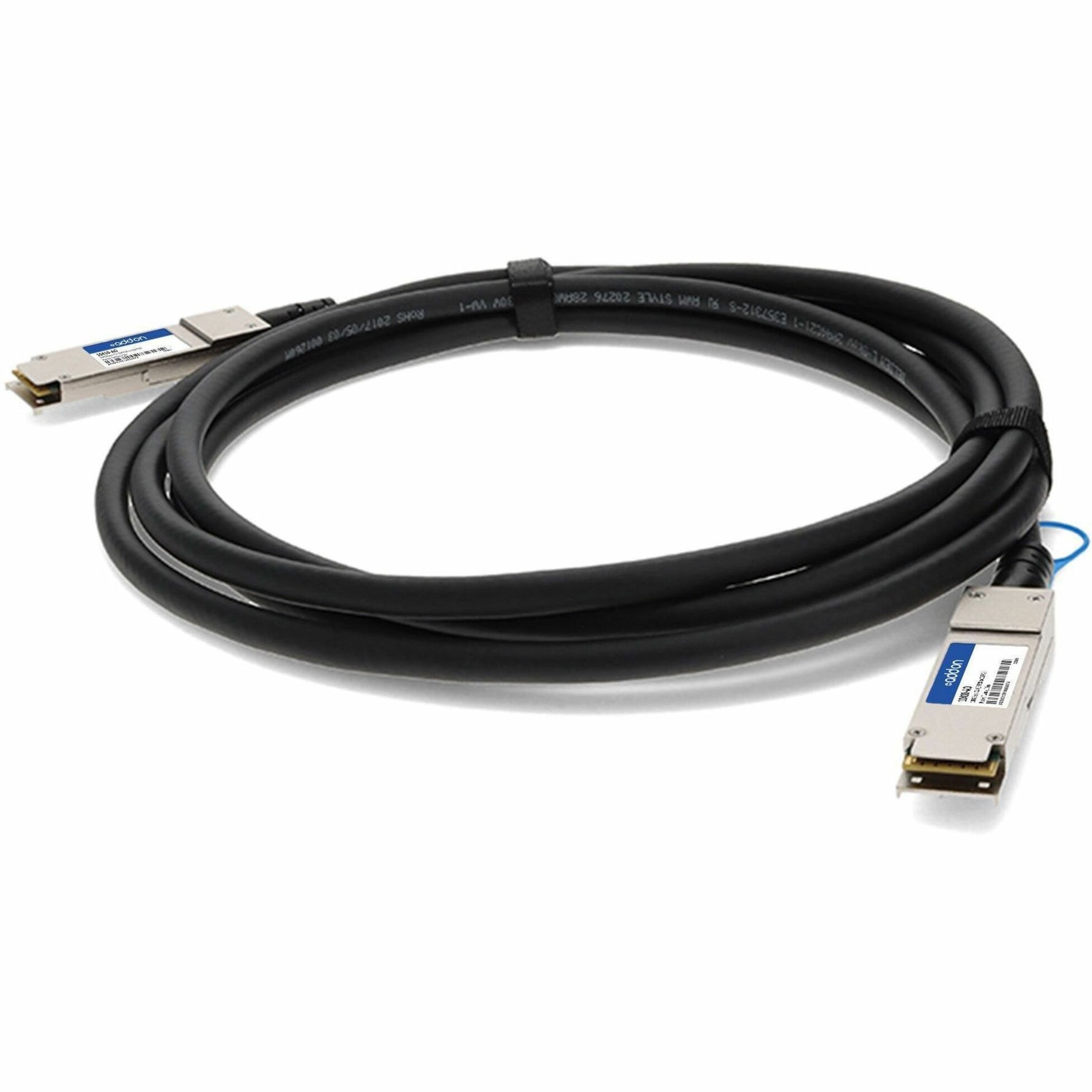 Front view of AddOn QSFP28 100G passive copper direct attach cable with black jacket and metal connectors-alternate-image1