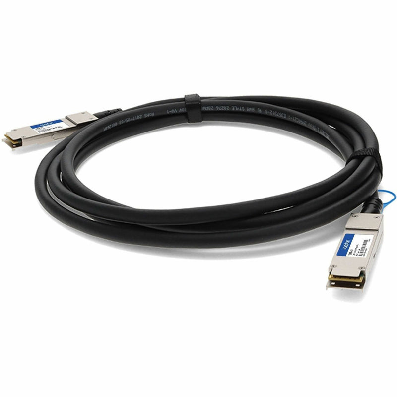 Front view of AddOn QSFP28 100G passive copper direct attach cable with black jacket and metal connectors